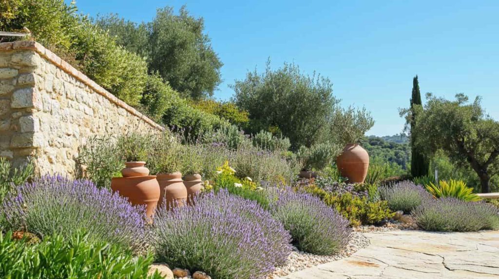 Jarres en terre cuite et plantes aromatiques dans un jardin méditerranéen paysagé