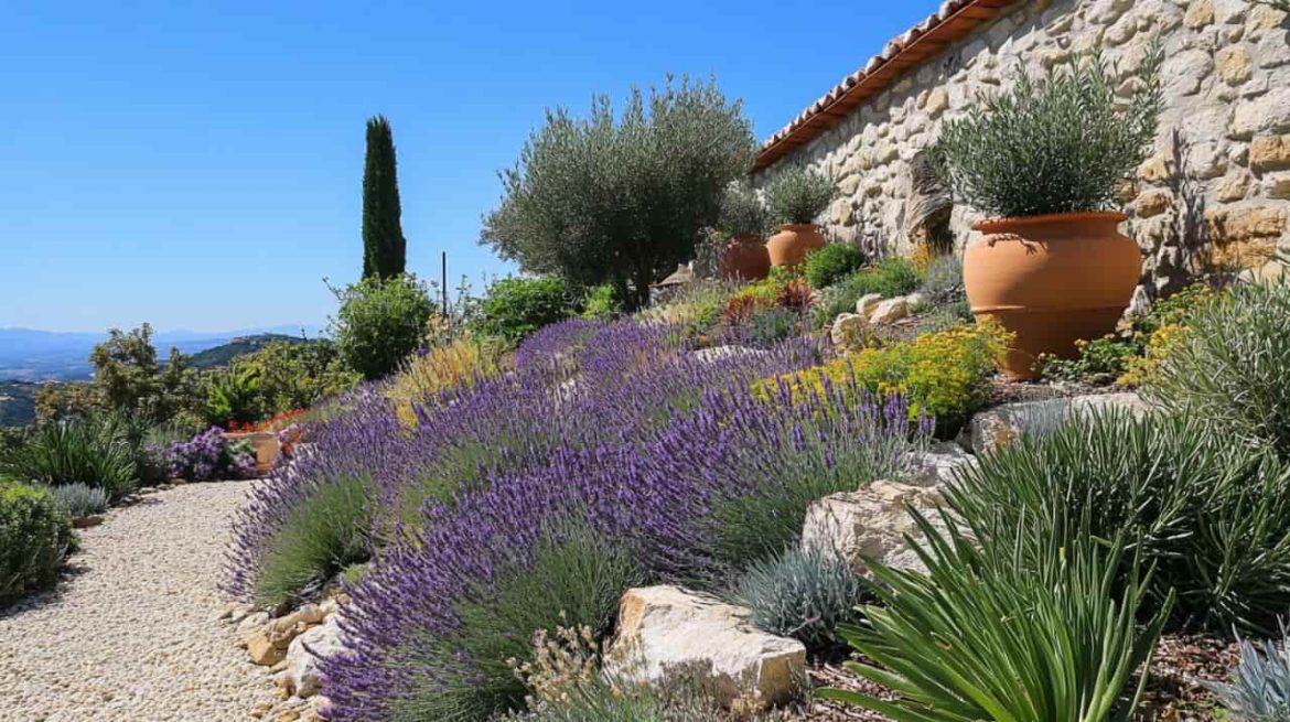 Allée de graviers bordée de lavande en fleurs dans un jardin méditerranéen ensoleillé.