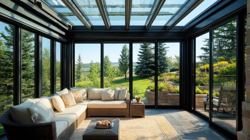 Vue intérieure d'une véranda aluminium spacieuse avec toit vitré et grand canapé d'angle confortable