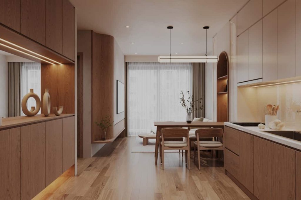Aménagement moderne d'une cuisine en bois chaleureuse avec un îlot central et des finitions minimalistes.
