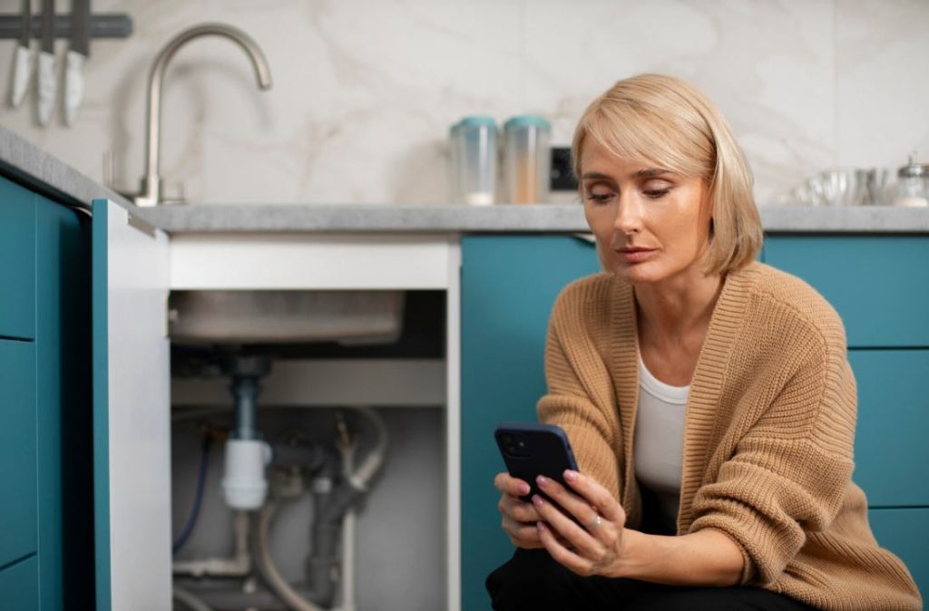 Une femme consulte son smartphone devant son évier pour trouver comment economiser eau astuces plomberie maison.