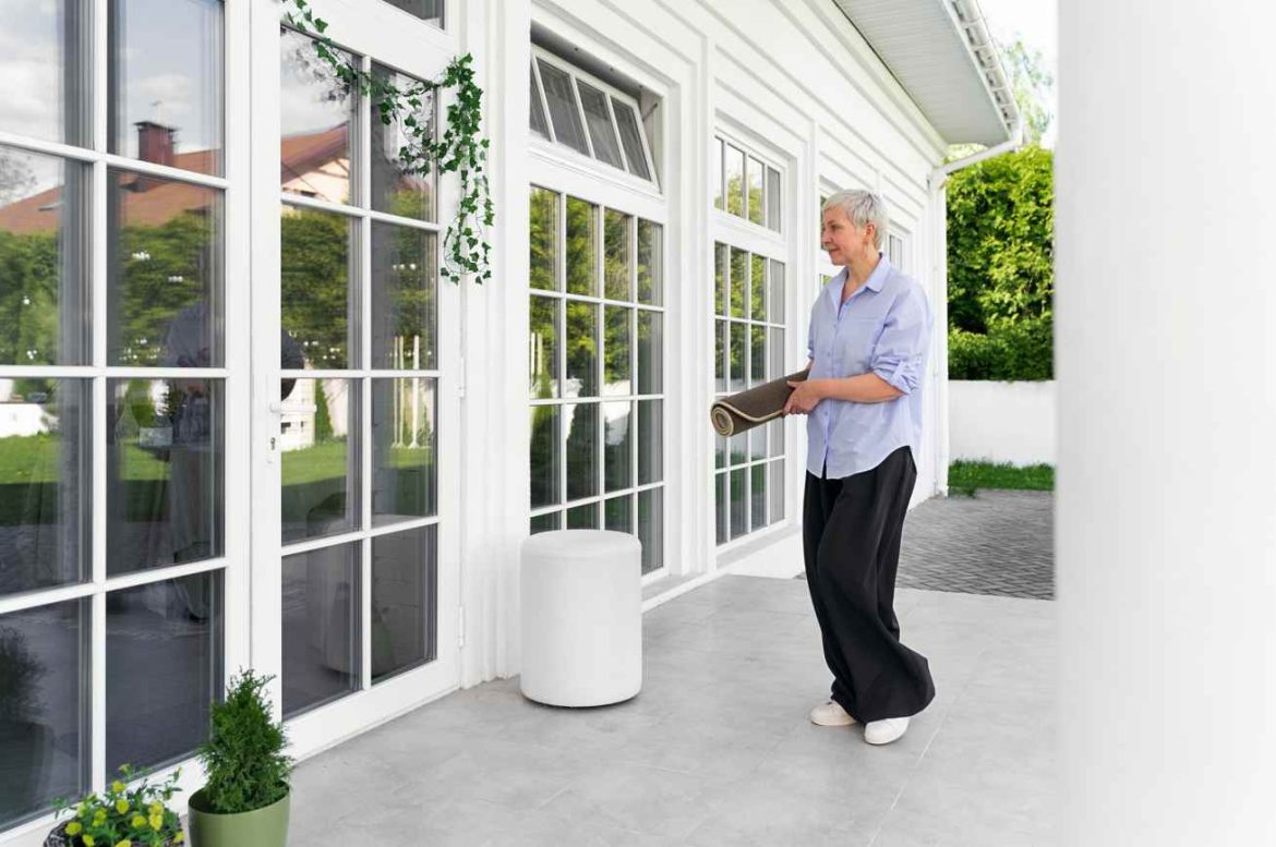 Une femme aux cheveux courts marche sur la terrasse carrelée d'une maison moderne, devant de larges baies vitrées aux profilés en PVC blanc.